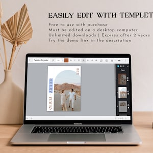 May include: A laptop screen displaying a wedding invitation template with a photo of a couple in a desert landscape. The template is titled "OLIVIA - ARTHUR" and features a half-circle archway with a date of "01.15.24". The text "EASILY EDIT WITH TEMPLETT" is displayed above the laptop screen.