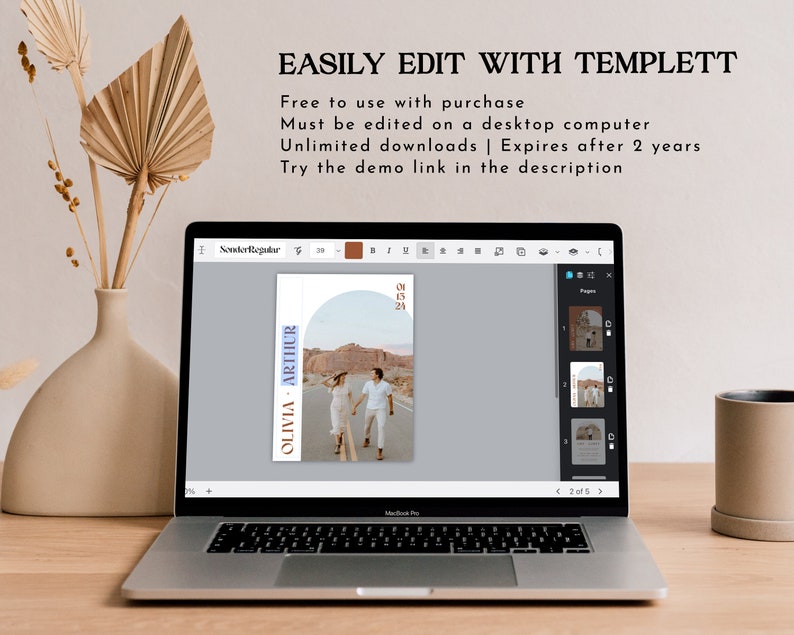 May include: A laptop screen displaying a wedding invitation template with a photo of a couple in a desert landscape. The template is titled "OLIVIA - ARTHUR" and features a half-circle archway with a date of "01.15.24". The text "EASILY EDIT WITH TEMPLETT" is displayed above the laptop screen.