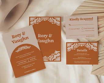Retro Wedding Invitation, Boho Wedding Invite, Retro Wedding Stationary Template, 5x7", Wedding Card, like items BKS32