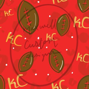 May include: A red background with a seamless pattern of brown footballs and gold "KC" text. White dots are scattered throughout the pattern.
