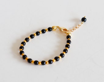 Single Baby Protection Black Onyx 1 Bracelet 3mm/4mmbeads 18kGold plated/Sterling silver ADJUSTABLE Bracelet Gift for Baby/Girl/Boy/Child