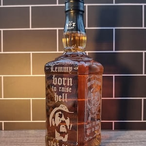 Glass Bottle Light. Motorhead Lemmy Kilmister Tribute, 70cl Jack Daniel’s Bottle.  Warm White LEDs. EMPTY Laser engraved Jack Daniels bottle