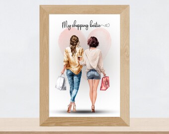 Affiche Portrait meilleures amies personnalisées | Illustration Besties shopping, Sœurs | anniversaire, fête des mères | Fichier imprimable