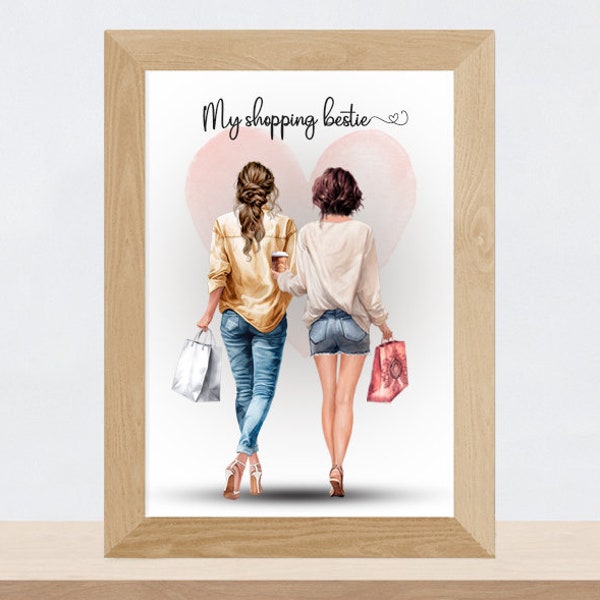 Affiche Portrait meilleures amies personnalisé | Illustration Besties shopping, Soeurs |  anniversaire, fête des mères | Fichier imprimable