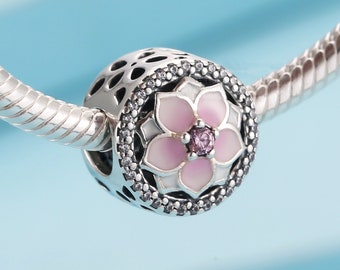 925 Silver Pink Magnolia lock Stopper Clip Bead Charm Fits European bracelet