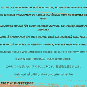 May include: A turquoise blue background with white text in multiple languages stating that this listing is for a digital item only and no physical item will be shipped. The text includes the words "digital", "item", "shipping", "post", "correo", and "posta". The text also includes the company name "Bumblefly N Butterbee".