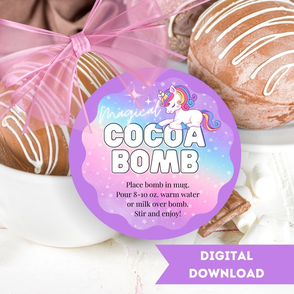 Unicorn Printable Hot Cocoa Bomb tag. Hot chocolate bomb tag. Instant download. Sticker or label for cocoa.  2 inch and 3 inch included.