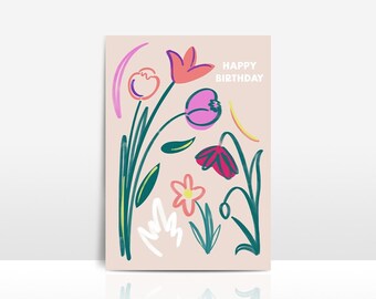 Floral Birthday Card | Tulip Daisy Rose Chrysanthemum | Feminine Women Beauty Art | A6 Greetings Card