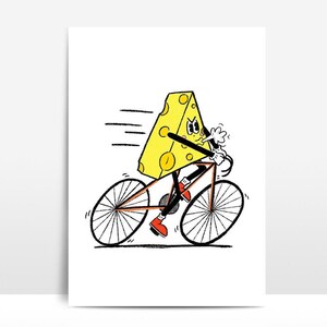Illustration de dessin animé de cycliste de fromage | Impression dessinée à la main | Vélo classique d'illustration rétro | Carte de voeux A3 A4 A5 A6
