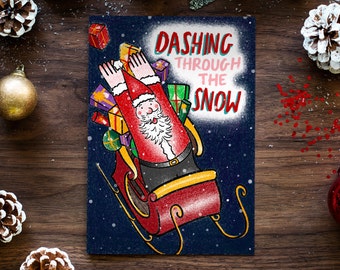 Dashing through the Snow, Santa Xmas Card, Christmas Greetings Card 300gsm