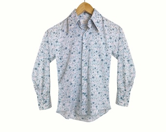 1960s Flower Print Button Up Shirt | White Blue Purple Floral Collar Long Sleeve | Extra Small, XS
