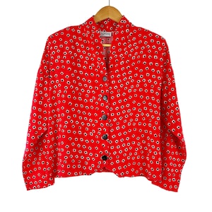 1980s Vintage Red Black White Button Up Top  |  80s Lee Winter Retro Geometric Blouse | S, M, L