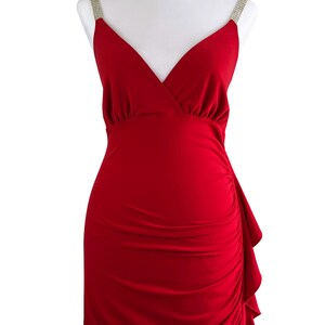 1990s Vintage Janine Red Rhinestone Sexy Party Dress | 90s Spaghetti Strap Asymmetrical Hem Mermaid Formal Prom Dress | Small, S, Medium, M