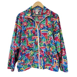 1980s Vintage Floral Spring Summer Windbreaker  |  80s Koret Francisca Bright Colorful Lightweight Jacket | Large, L