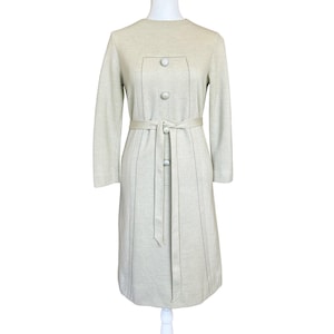 1960s Vintage Kimberly Greige Mod Wool Sweater Dress | 60s Long Sleeve Tan Gray Shift Dress | Extra Small, XS, Small, S