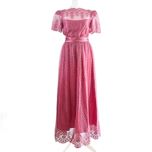 1970s Vintage Pink Lace and Satin Formal Long Party Dress | 70s Bubblegum Pink Prom Evening Gown | Extra Small, XS