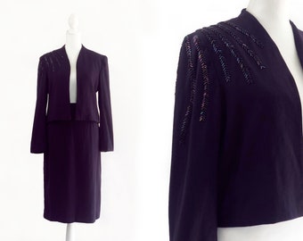 1970s Vintage Gertrude Singer Skirt Suit Set | 70s Deep Purple Beaded Embellished Blazer Skirt Set | Small, S, Medium, M