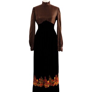 1970s Vintage Vicky Petite Gothic Bohemian Maxi Dress | 70s Black Orange Victorian Velvet Embroidered Dress | Extra Small, XS
