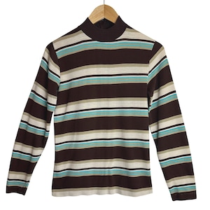 1960s Vintage Sears Long Sleeve Turtle Neck T-shirt |  60s Brown Tan Blue Striped Casual Ribbed Tee | Small, S | Medium, M