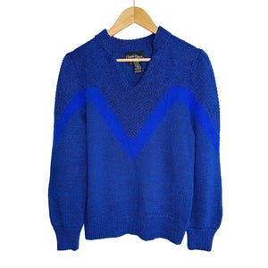 1980s Vintage Christine Phillipe Blue Metallic Knit Sweater  |  80s Royal Blue V-Neck Angora  Detailed Fall Sweater | Medium, M