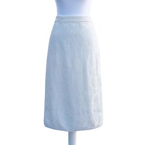 1970s 1980s Vintage Cream Knit High Waisted Midi Skirt | 70s 80s Ivory Straight Sweater Skirt | S, M