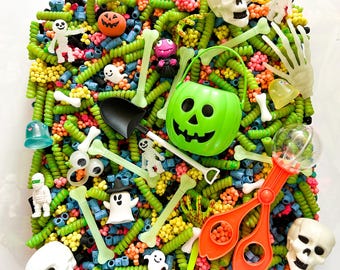 Skeleton Glow Sensory Bin | Fall Sensory Play | Halloween Pretend Play | Halloween Party Pour & Play Activity | Glow In The Dark Neon Box