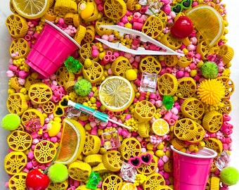 Lemonade Sensory Bin | Summer Sensory Play | Lemonade Stand Pretend Play | Pink Lemonade Pour & Play Activity | Age 3+ Summer Activities