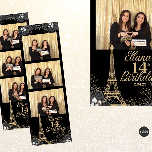 Paris Themed Birthday Photo Booth Template | 2x6 Black and Gold Elegant Paris Template | Editable Canva Design