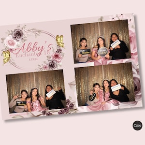 Gold Butterfly and Pink Flower Enchanted 18 Photo Booth Template | 4x6 Template | Editable Canva Pro Design