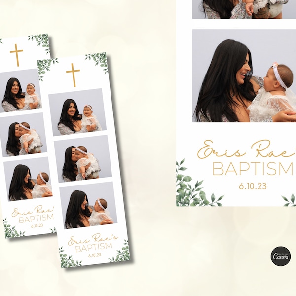 Gold Botanical Baptism Photo Booth Template | 2x6 Photo Strip | Editable Canva Design