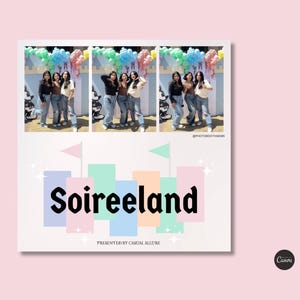 May include: A photo booth backdrop with a pastel colour scheme and the text "Soireeland" in black. The backdrop features a castle-like design with flags and stars. Three women are posing in front of the backdrop.