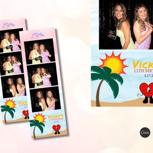 Summer Beach Vibe Birthday Photo Booth Template | 2x6 Photo Strip | Pink Sunset Beach Theme | Editable Canva Pro Design