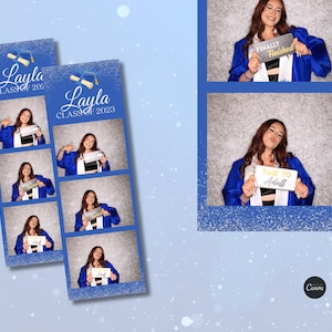 Graduation Photo Booth Template | 2x6 Blue and Gold Glitter Template | Editable Canva Pro Design