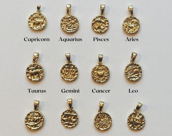 Zodiac 18K Gold Plated Star Sign Constellation Coin Pendant Necklace | Capricorn Aquarius Pisces Aries Taurus Gemini Cancer Leo Virgo