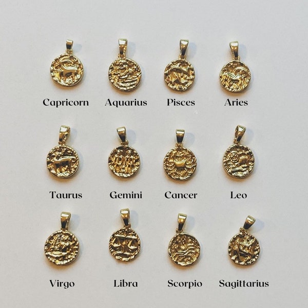 Zodiac 18K Gold Plated Star Sign Constellation Coin Pendant Necklace | Capricorn Aquarius Pisces Aries Taurus Gemini Cancer Leo Virgo