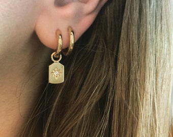 16k Gold Plated 24mm Star Cubic Zirconia Rectangle pendent Huggie Hoops | Gifts for Her | UK Elegant Minimalist Simple Earrings | Celestial