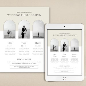 Puede incluir: Una lista de precios de fotografía de bodas de Magnolia Studios. El diseño presenta tres fotos en blanco y negro de parejas en marcos arqueados. La lista de precios se muestra en un folleto y una tableta.