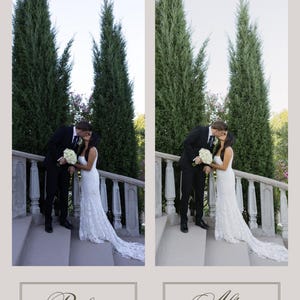 Puede incluir: Imagen dividida que muestra a una pareja de reci&eacute;n casados bes&aacute;ndose en una escalera, con los textos "Antes" y "Despu&eacute;s" debajo. La novia lleva un vestido de encaje blanco y el novio un traje negro. Altos &aacute;rboles verdes en el fondo.