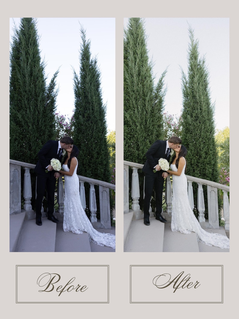 Puede incluir: Imagen dividida que muestra a una pareja de reci&eacute;n casados bes&aacute;ndose en una escalera, con los textos "Antes" y "Despu&eacute;s" debajo. La novia lleva un vestido de encaje blanco y el novio un traje negro. Altos &aacute;rboles verdes en el fondo.