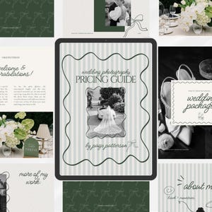 May include: A digital wedding photography pricing guide template displayed on a tablet screen. The cover features a light green striped background, a wavy dark green border, and the text wedding photography PRICING GUIDE by paige patterson.