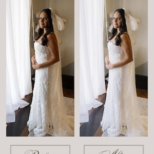 Puede incluir: Una novia con un vestido de novia de encaje blanco y velo est&aacute; de pie cerca de una ventana. El vestido sin tirantes presenta intrincados detalles de encaje floral. El velo es largo y transparente, complementando el vestido. La imagen est&aacute; dividida, con el texto "Before" y "After" en la parte inferior.