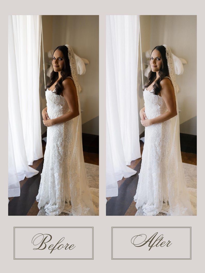 Puede incluir: Una novia con un vestido de novia de encaje blanco y velo est&aacute; de pie cerca de una ventana. El vestido sin tirantes presenta intrincados detalles de encaje floral. El velo es largo y transparente, complementando el vestido. La imagen est&aacute; dividida, con el texto "Before" y "After" en la parte inferior.