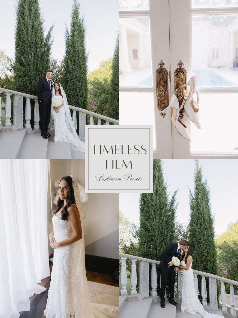 Puede incluir: Un collage de fotos de boda con una novia y un novio. La novia lleva un vestido de novia de encaje blanco y velo. El novio lleva un traje negro. Incluye el texto "TIMELESS FILM Lightroom Presets".