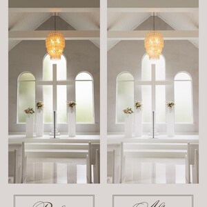 Puede incluir: Imagen comparativa del interior de una capilla, con las etiquetas 'Antes' y 'Despu&eacute;s'. La capilla presenta una ventana en forma de cruz, jarrones blancos con flores y una l&aacute;mpara decorativa. El texto 'Antes' y 'Despu&eacute;s' se muestra en escritura elegante.