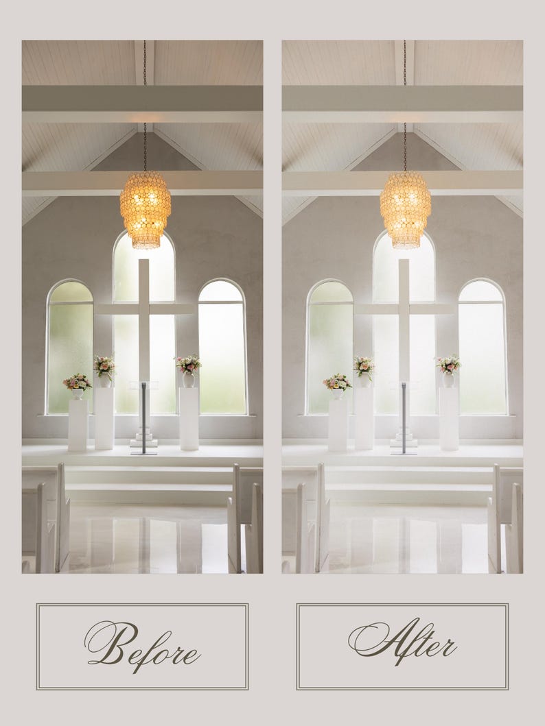 Puede incluir: Imagen comparativa del interior de una capilla, con las etiquetas 'Antes' y 'Despu&eacute;s'. La capilla presenta una ventana en forma de cruz, jarrones blancos con flores y una l&aacute;mpara decorativa. El texto 'Antes' y 'Despu&eacute;s' se muestra en escritura elegante.