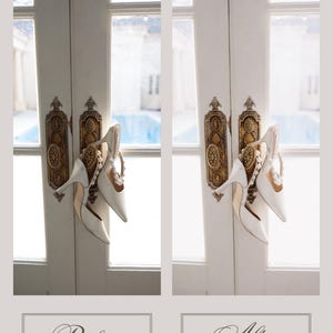 Puede incluir: Un par de zapatos de tac&oacute;n blancos con detalles de perlas colgando de una manija dorada. La puerta blanca tiene ventanas de vidrio, y los textos "Before" y "After" est&aacute;n en la parte inferior de la imagen.