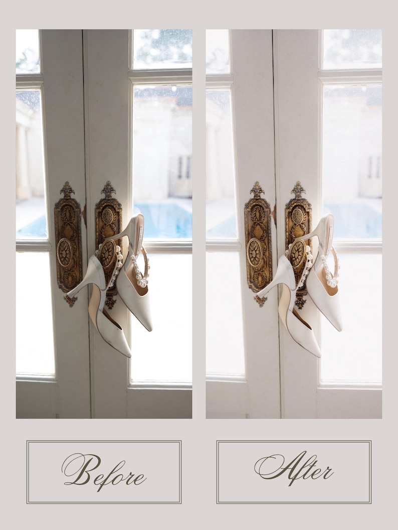 Puede incluir: Un par de zapatos de tac&oacute;n blancos con detalles de perlas colgando de una manija dorada. La puerta blanca tiene ventanas de vidrio, y los textos "Before" y "After" est&aacute;n en la parte inferior de la imagen.