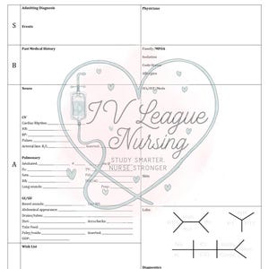 Può includere: Un foglio di comunicazione per il passaggio di consegne in terapia intensiva con un grafico a forma di cuore, il testo IV League Nursing e Study Smarter. Nurse Stronger. Il modulo include sezioni per anamnesi, neuro, CV, polmonare e laboratori.