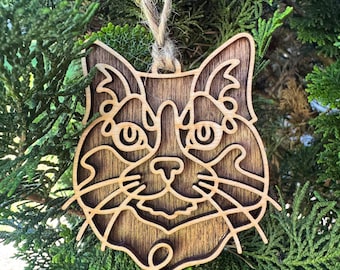 Cat Christmas Ornament, Minimalist Cat Line Art Ornament Modern Pet Decoration, Laser Cut Feline Silhouette – Baltic Birch Wood Cat Lover