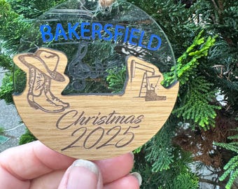 Bakersfield Christmas 2025 Ornament, featuring Cowboy Boots and Hat, Music and Bakersfield, handmade
